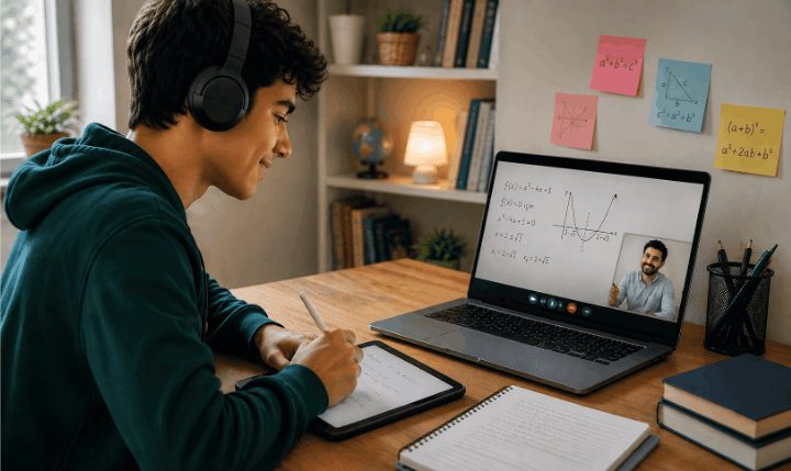 Online matematik dersinde öğrenci öğretmeniyle canlı görüşme yapıyor