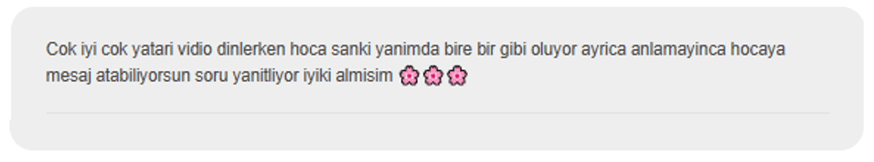 Online dersin birebir hissini ve soru desteğini anlatan öğrenci yorumu
